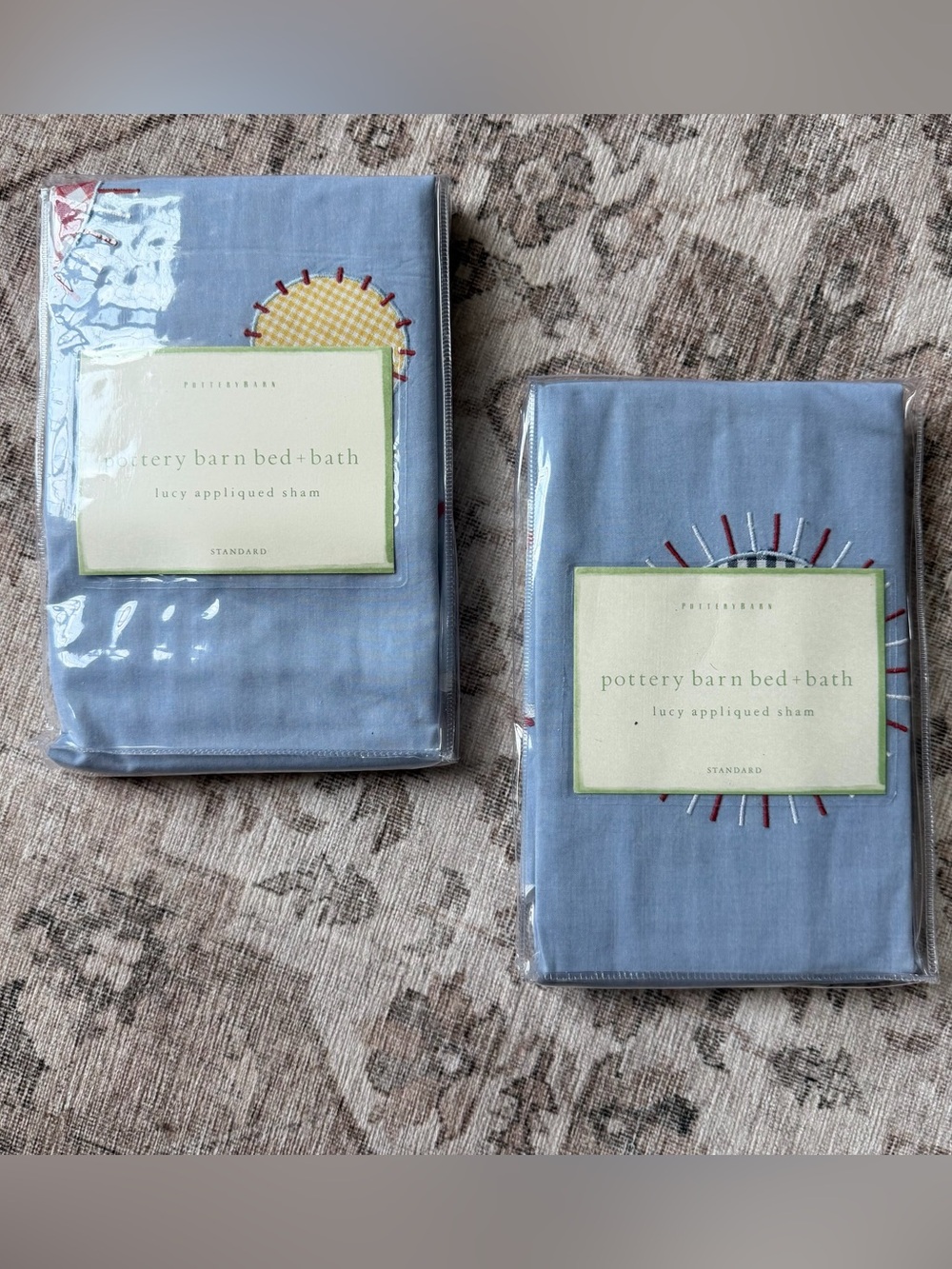 Pottery Barn Lucy Appliqued Standard Pillow Shams Blue Cotton Set of 2 New